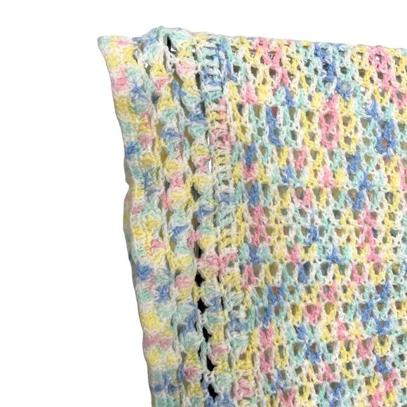 Vintage Handmade Crochet Afghan Throw Blanket 48x41 Pastel Multi Ruffle Hem Baby - Picture 5 of 5